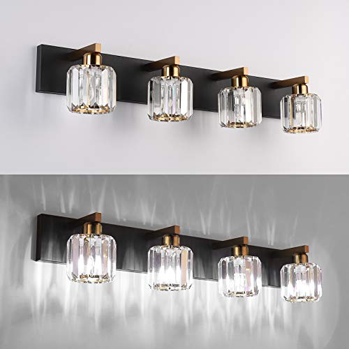 Aipsun Crystal Bathroom Vanity Lighting Black Vanity Light Fixtures Modern Vanity Light for Bathroom 4 Lights(Exclude Bulb) - color: Black Gold (Round), size: 32 inch