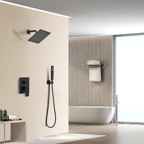 Matte Black Shower System Bathroom Rainfall Shower Faucet Set Complete Wall Mounted 6 Inch Shower Head and Handle Set with Rough-in Valve Body and Trim Kit - color: Matte Black, size: 6 Inch