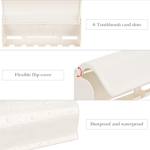 Linkidea 6 Slots Toothbrush Holder with Dustproof Cover & Toothpaste Clip, Plastic Self-Adhesive Brush Hanger for Shower, Compatible with Oral-B/Colgate Manual Toothbrush