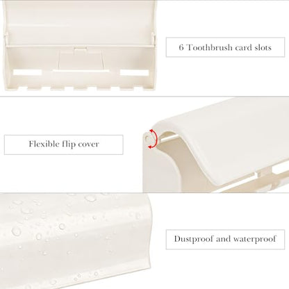 Linkidea 6 Slots Toothbrush Holder with Dustproof Cover & Toothpaste Clip, Plastic Self-Adhesive Brush Hanger for Shower, Compatible with Oral-B/Colgate Manual Toothbrush