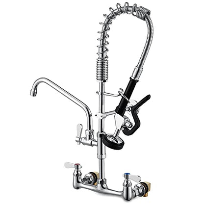 Commercial Sink Faucets with Sprayer 25 Inches Wall Mount Kitchen Faucet with Pull Down Pre-Rinse Sprayer and 10" Swivel Spout 8 Inch Center Compartment Sink Faucet - size: Wall 25 Inches
