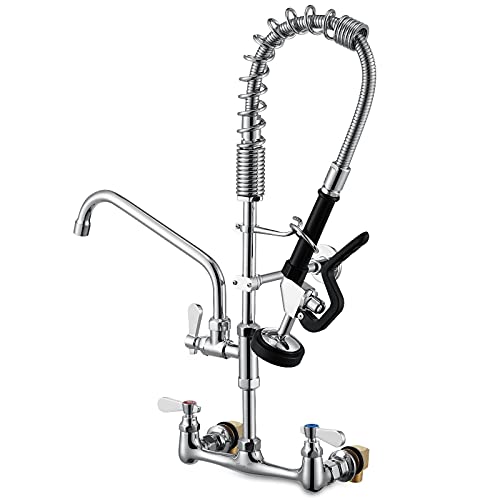 Commercial Sink Faucets with Sprayer 25 Inches Wall Mount Kitchen Faucet with Pull Down Pre-Rinse Sprayer and 10" Swivel Spout 8 Inch Center Compartment Sink Faucet - size: Wall 25 Inches