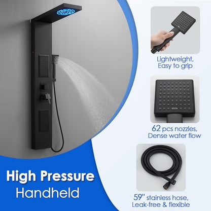 ROVOGO Shower Panel Tower System with LED Lights, 5 Shower Modes, 50 Inch | Rainfall Mist Shower Head, Body Jets, Handheld & Tub Spout, Stainless Steel Shower Column, Brass Mixing Valves, Matte Black - style: 50" Black