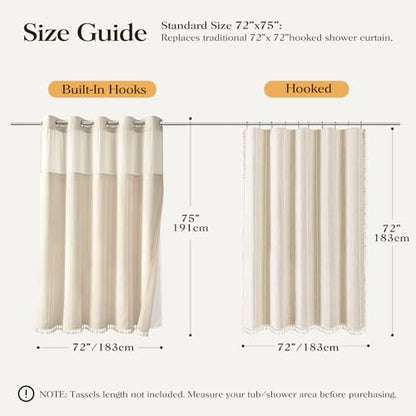 Cream Ringless Boho Stripe Tassel Shower Curtain with Snap Liner 72x75 | Heavy Duty Linen Blend, 3 in 1 Shower Curtain Set, Farmhouse Style, Waterproof & Washable, Mesh Top Window, Easy to Install - color: A - Cream, size: 72"W x 75"L (Pack of 1)