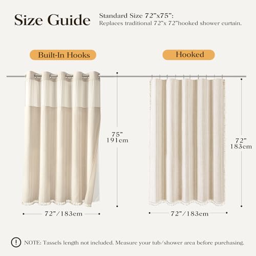 Cream Ringless Boho Stripe Tassel Shower Curtain with Snap Liner 72x75 | Heavy Duty Linen Blend, 3 in 1 Shower Curtain Set, Farmhouse Style, Waterproof & Washable, Mesh Top Window, Easy to Install - color: A - Cream, size: 72"W x 75"L (Pack of 1)