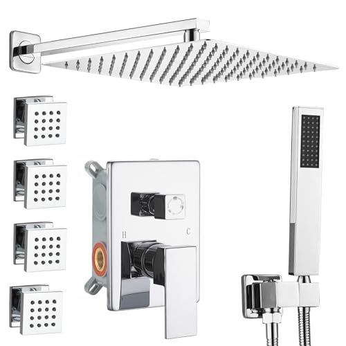 Shower Faucet Set with Body Jets 10 Inch Polished Chrome Shower Head Handheld Shower Combo Set High Pressure Wall Mount with Rough-in Valve, Polished Chrome - color: Polished Chrome, style: 10"- 3 Function