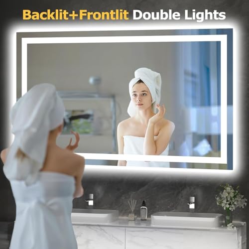 Hivone 55"X30" LED Bathroom Mirror with Lights, Anti-Fog, Dimmable, Backlit + Front Lit, Smart Bathroom Vanity Mirror, Memory Function, Shatterproof, Tempered Glass (Horizontal/Vertical) - size: 55"L x 30"W