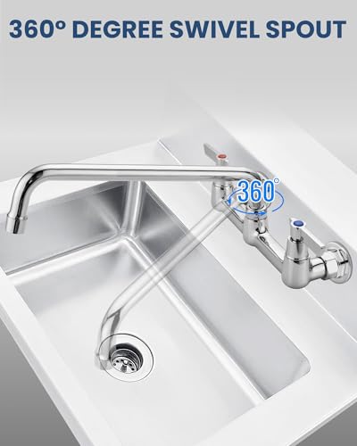 Airuida 8 Inch Chrome Polish Wall Mounted Kitchen Faucet with 14 Inch Spout | Commercial Sink Faucet,Dual Handles,Utility Sink Faucet,360° Swivel Spout - size: 14 Inches Spout