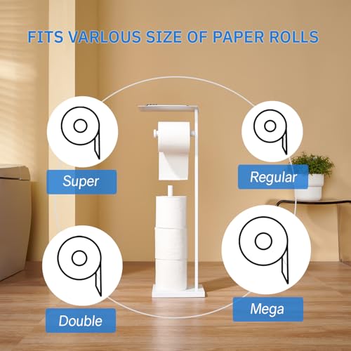 Freestanding Toilet Paper Holder for Bathroom–Stainless Steel Square Tissue Dispenser with Storage Tray & Roll Organizer (White) - color: White