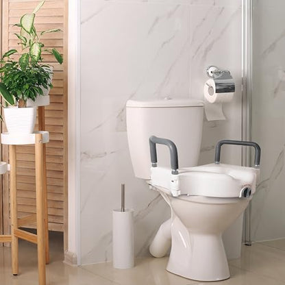 Vaunn Raised Toilet Seat and Elevated Commode Booster Seat Riser with Removable Padded Grab Bar Handles & Locking Mechanism