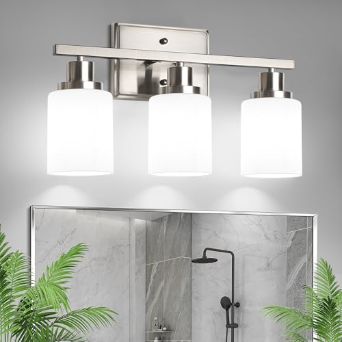 Ascher Bathroom Light Fixtures, 3-Light Vanity Light Over Mirror, Modern Brushed Nickel Wall Sconces with Milky White Shades, Wall Lamp for Kitchen Hallway Cabinet Porch E26 Base - color: Nickel & Milky White Glass, size: 3 Light