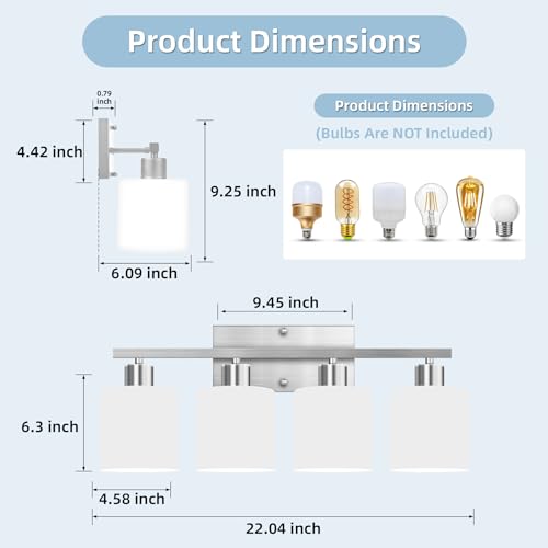 SILAMPDI 4-Light Bathroom Lighting Fixtures Over Mirror, Brushed Nickel Bathroom Vanity Light, Modern Rustproof Wall Sconce Lights, Milky White Frosted Glass Shades, E26 Base, Bulbs Not Included - color: Brushed Nickel-4Light