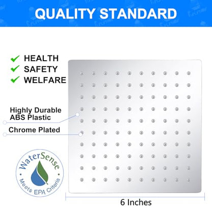 6 Inch Square Rain Shower Head, Renter Friendly High Pressure Fixed Showerhead, Stainless Steel Spa-Like Rainfall Shower Head with Self-Cleaning Nozzles, Wall Mount Chrome Finish - color: Chrome, size: 6 Inch