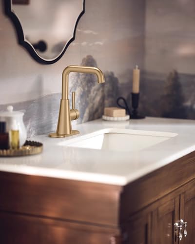 Moen Ronan Bronzed Gold Double Bend Single Hole Modern Bathroom Sink Faucet with Optional Deckplate and Spring Loaded Drain Assembly, 84024BZG - color: Bronzed Gold, style: Single Handle