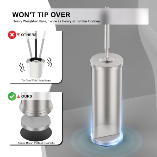Stainless Steel Toilet Bowl Brush and Holder Set Scrubber Nickel | Weighted Stable Base Removable Inner Tube Toilet Bowl Brush Splash-Proof Design for Deep Cleaning Space Saving Storage - color: Nickel
