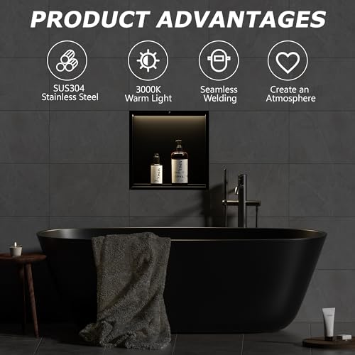 Smart Body Sensor Shower Niche, Black 12"x12" | Recessed Wall Niche with White 3000K LED Light , Waterproof &Rustproof, 304 Stainless Steel Bathroom Cabinet - size: 12X12In