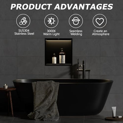Smart Body Sensor Shower Niche, Black 12"x12" | Recessed Wall Niche with White 3000K LED Light , Waterproof &Rustproof, 304 Stainless Steel Bathroom Cabinet - size: 12X12In