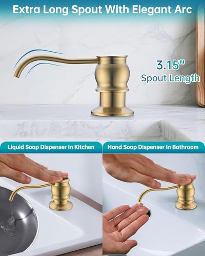 Built in Deck Mount Liquid Lotion Kitchen Countertop Metal Soap Dispenser, Brushed Gold Brass Dispenser Pump with 47.2" Silicone Long Tube for 0.79 "- 1.38" High Capacity Bottle Mouths - color: Brushed Gold, size: With Hose
