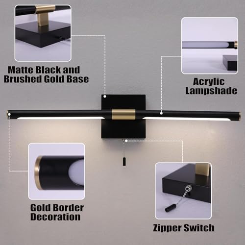 24 Inch Black and Gold Bathroom Vanity Light with Pull Chain Switch, Modern Over Mirror Wall Sconces Lighting, 6000K 360° Bath Light Fixture with Adjustable Lamp Tubes
