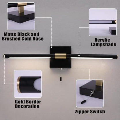 24 Inch Black and Gold Bathroom Vanity Light with Pull Chain Switch, Modern Over Mirror Wall Sconces Lighting, 6000K 360° Bath Light Fixture with Adjustable Lamp Tubes