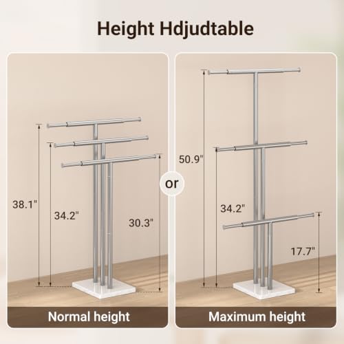 ELYKEN Standing Towel Rack for Bathroom, Adjustable 3-Tier Towel Stand | Weighted Marble Base, Brushed Stainless Steel, Freestanding Design, Holds Bath Towels, Rust Resistant, Ideal for Bathroom - size: 3 Tiers