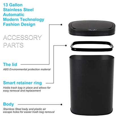 Kitchen Trash Can | Stainless Steel 13 Gallon Trash Can | 50L Touch Free Garbage Can with Lid | Electronic Motion Sensor Automatic Trash Bin High Capacity for Kitchen Bathroom Office, Black - color: Black