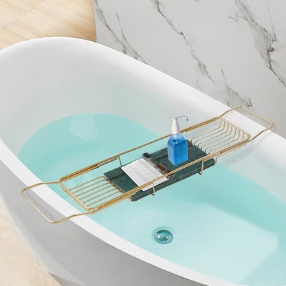 Expandable Bathtub Tray, Stainless Steel Bath Tub Caddy with Marble Base, Adjustable Over Tub Rack with Phone Tablet Holder, Bathtub Organizer (Gold) - color: Gold