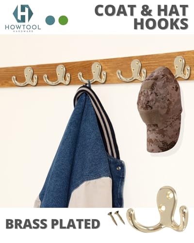 Brass Double Robe Hook 5 Pack with Screws Towel Coat Hat - color: Brass
