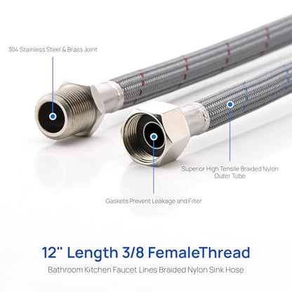 J-HVA Faucet Supply Lines Length 12" 3/8 OD Comp (Male) x 3/8 Comp (Female) | Thread Connector Braided Nylon Extension Hoses for Bathroom Kitchen Sink Faucet Hose Filter,Stainless Steel Nut (1 Pair)
