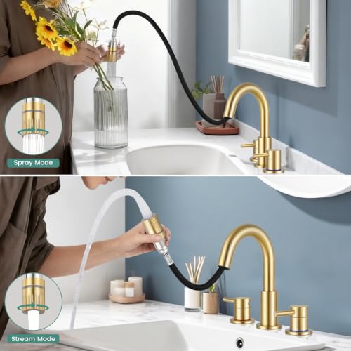 Brushed Gold Bathroom Sink Faucet 3 Hole with Pull Down Sprayer | Lead-free stainless steel, pop-up drain, 2-handle, 360°swivel, 8-inch widespread Faucet for RV/vanity sink, 3-hole mount - color: Brushed Gold, style: 8 Inch Pull Down