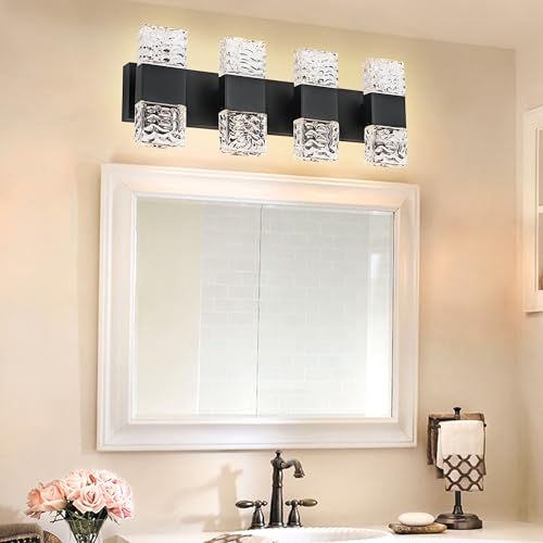 MELUCEE LED Bathroom Vanity Light 32W Crystal Vanity Light Bar 23.6 in | Modern Black Bathroom Light Fixtures Crystal Wall Sconce for Bath Powder Room Entryway, 3000K Warm Lighting - color: Black, size: 4 Lights