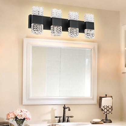 MELUCEE LED Bathroom Vanity Light 32W Crystal Vanity Light Bar 23.6 in | Modern Black Bathroom Light Fixtures Crystal Wall Sconce for Bath Powder Room Entryway, 3000K Warm Lighting - color: Black, size: 4 Lights