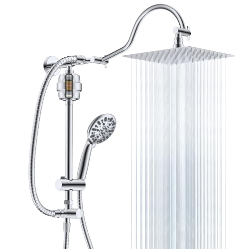 Hibbent All Metal 10'' Filtered Rainfall Shower Head Combo for Easy Reach, High Pressure Shower Head System, Handheld Showerhead, Adjustable Holder, 18'' Extension Arm, Shower Filter, 7-spray, Chrome - color: Chrome