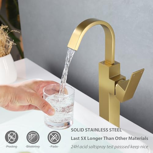 Brushed Gold Vessel Sink Faucet, Single Handle Tall Bathroom Faucet,Waterfall Bathroom Faucet Single Hole Lavatory Vanity Tap Single Hole Bar Sink Faucet with Pop Up Drain and Supply Lines,SL50044BG - color: Brushed Gold, size: Tall