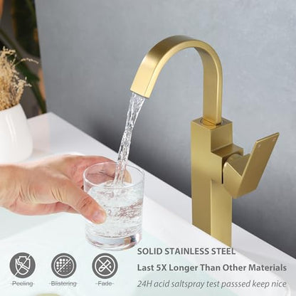 Brushed Gold Vessel Sink Faucet, Single Handle Tall Bathroom Faucet,Waterfall Bathroom Faucet Single Hole Lavatory Vanity Tap Single Hole Bar Sink Faucet with Pop Up Drain and Supply Lines,SL50044BG - color: Brushed Gold, size: Tall