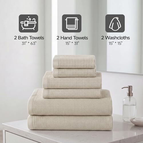ecolook 6-Piece Waffle Weave Towel Set, 100% Cotton, Lightweight, Absorbent & Quick-Drying, 2 Bath Towels (31×63 in), 2 Hand Towels, 2 Washcloths, Lint-Free for Bathroom, Pool, Gym, Travel - Khaki - color: Khaki