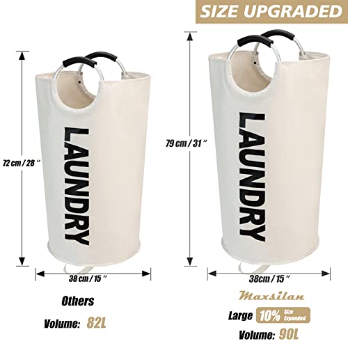 Maxsilan 90L Large Laundry Basket Bag, Collapsible Tall Hamper, Beige | Freestanding tall laundry bag & foldable washing basket. Large capacity clothes storage bin with durable sturdy handles - color: Beige, size: 90L