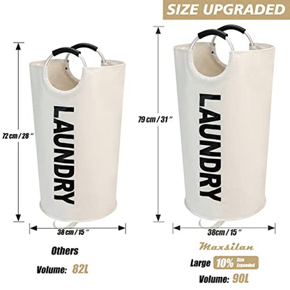 Maxsilan 90L Large Laundry Basket Bag, Collapsible Tall Hamper, Beige | Freestanding tall laundry bag & foldable washing basket. Large capacity clothes storage bin with durable sturdy handles - color: Beige, size: 90L