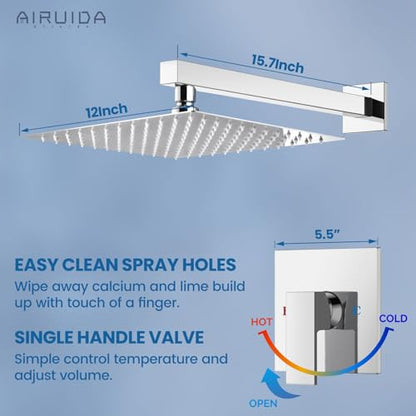 Airuida Shower Faucet Set,12 Inch Shower Valve Kit,Chrome Polish | Male Threads,Rough-in Valve Shower Trim Kit,Single Handle Control Shower Set - color: Chrome Polish, size: 12 Inch