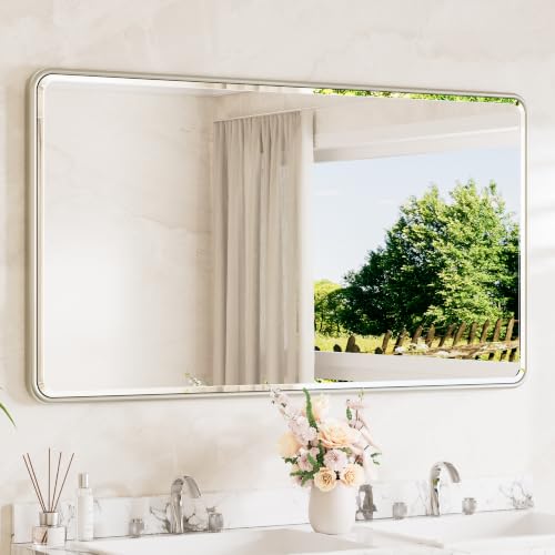 Brushed Nickel Vanity Mirror for Bathroom 55 x 30 Beveled Edge Tempered Glass, Rounded Corner Rectangle Wall Mirror for Modern Bathroom, Living Room, Bedroom, Entryway - color: Brushed Nickel, size: 30"L x 55"W