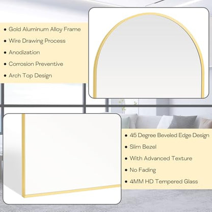 Gold Arched Mirror 22x30in, Metal Framed Bathroom Vanity Wall | Tempered Glass, Shatter Proof, Living Room Bedroom Entryway, Modern Elegant Design - color: Gold, size: 30"L x 22"W, style: Arched