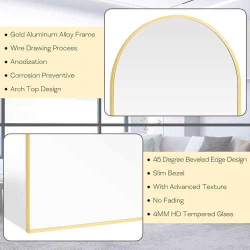Gold Arched Mirror 22x30in, Metal Framed Bathroom Vanity Wall | Tempered Glass, Shatter Proof, Living Room Bedroom Entryway, Modern Elegant Design - color: Gold, size: 30"L x 22"W, style: Arched