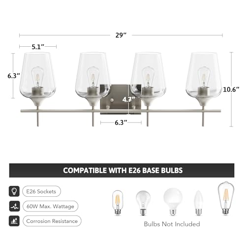 VONLUCE 4 Light Bathroom Vanity Light Fixture,Brushed Nickel | Wine Glass Shades, E26 Sockets, Easy to install, Vanity Lights for Bathroom Bedroom Hallway Living Room - color: Nickel, size: 4-Light