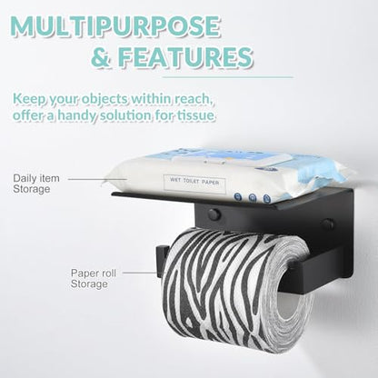 Matte Black Toilet Paper Holder with Shelf, Left Side, Wall Mounted | Robust 304 Stainless Steel, Modern Tissue Holder Fits for Bathroom, Restroom, Vanity, Kitchen, Paper Roll & Phone Storage - color: Matte Black