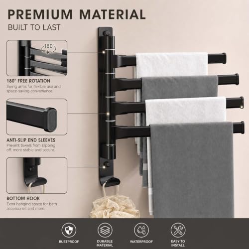 2-5 Arms Swivel Towel Rack Bath Towel Holder with Hook Swing Arm Towel Rack Wall Mount for Bathroom Kitchen-Black 4Arm - color: Black, size: 4-arm