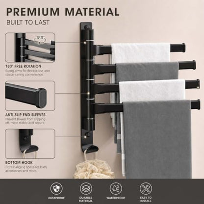 2-5 Arms Swivel Towel Rack Bath Towel Holder with Hook Swing Arm Towel Rack Wall Mount for Bathroom Kitchen-Black 4Arm - color: Black, size: 4-arm
