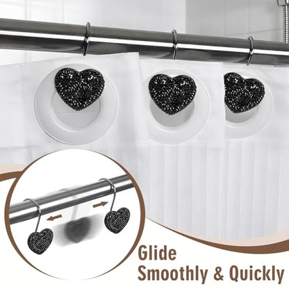 BBV Shower Curtain Hooks Rings for Valentine's Day, 12 Pcs Stainless Steel Glide Shower Hooks for Bathroom Shower Rods Curtains (Black Rhinestones) - color: Black Rhinestones