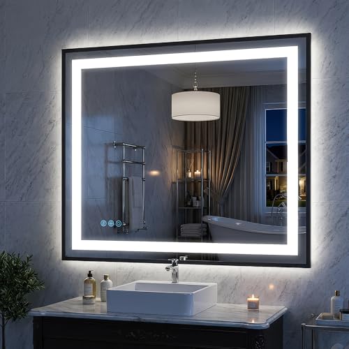 Antok 30X36 LED Bathroom Mirror with Lights, Vanity Mirror for Wall with Black Frame, Touch Control, Anti-Fog, Dimmable Lights, Shatter-Proof, Memory Function, Wall-Mounted Vanity Mirrors - size: 36"L x 30"W
