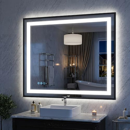 Antok 30X36 LED Bathroom Mirror with Lights, Vanity Mirror for Wall with Black Frame, Touch Control, Anti-Fog, Dimmable Lights, Shatter-Proof, Memory Function, Wall-Mounted Vanity Mirrors - size: 36"L x 30"W