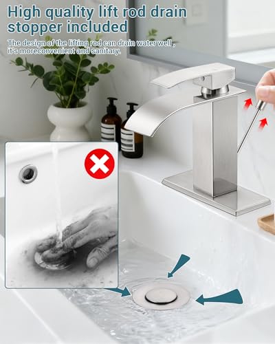 Brushed Nickel Waterfall Bathroom Faucet Single Handle with Lift Rod Drain | Bathroom Sink Faucet,Stainless Steel,supply hoses Deck included,1 or 3 Hole,Fits home,RV,farmhouse bathrooms - color: A-Brushed Nickel, style: with Lift Rod Drain
